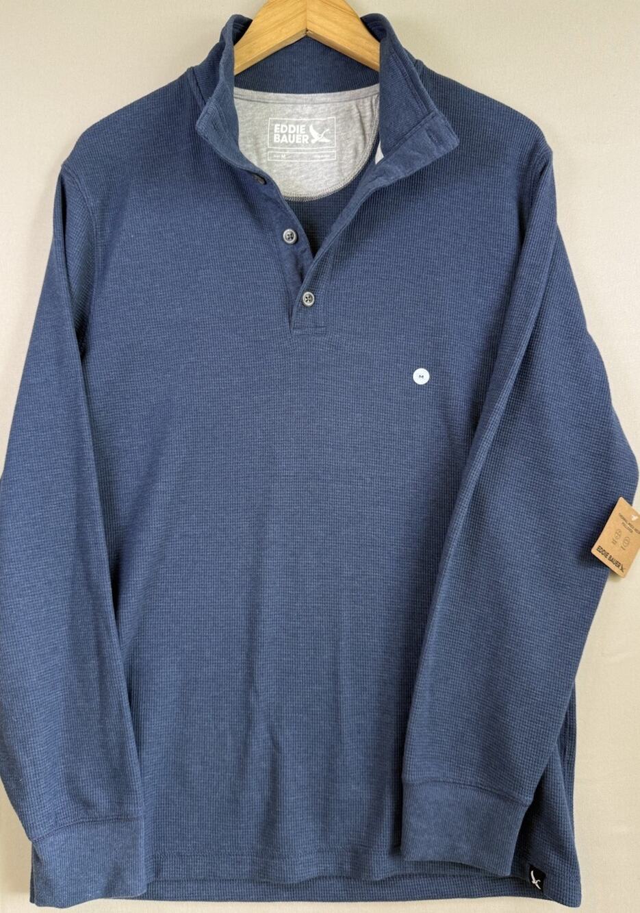 Eddie Bauer Thermal Mock Neck Pullover Mens M Blue Waffle Knit Stretch NWT